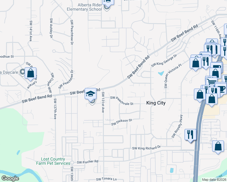 map of restaurants, bars, coffee shops, grocery stores, and more near 16076 Southwest 130th Terrace in Tigard