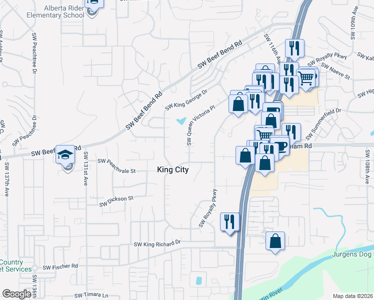 map of restaurants, bars, coffee shops, grocery stores, and more near 16095 Southwest Queen Victoria Place in King City
