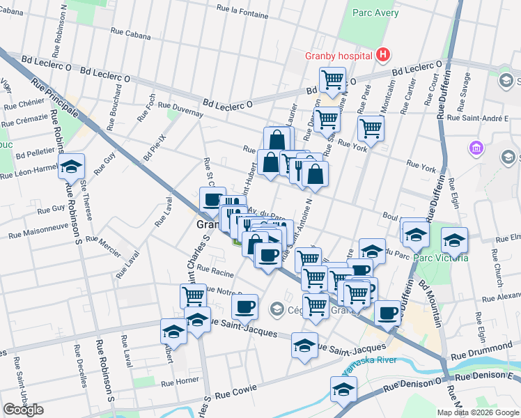 map of restaurants, bars, coffee shops, grocery stores, and more near Avenue du Parc in Granby
