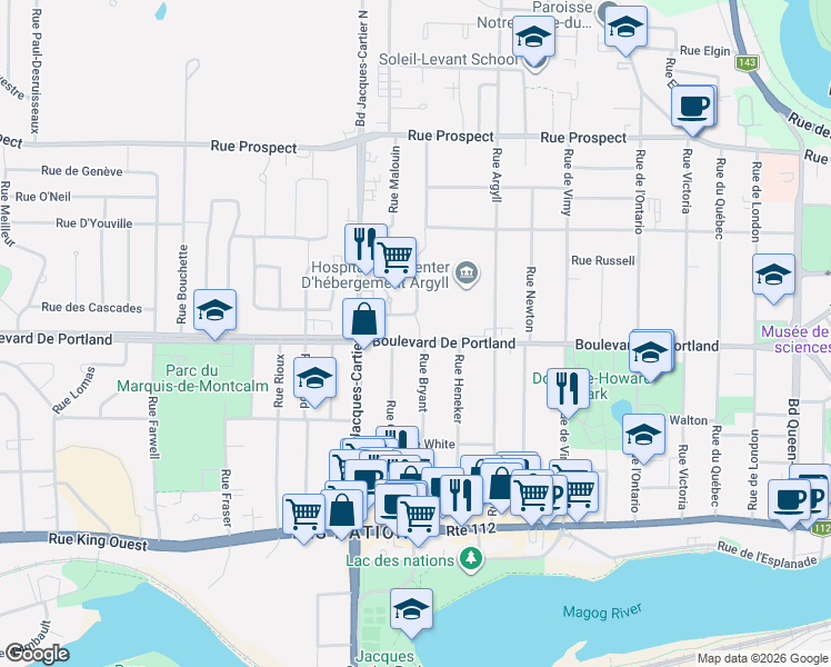map of restaurants, bars, coffee shops, grocery stores, and more near 1675 Boulevard de Portland in Sherbrooke