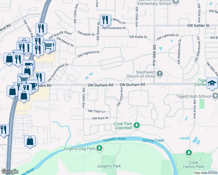 map of restaurants, bars, coffee shops, grocery stores, and more near 10372 Southwest Keri Court in Tigard