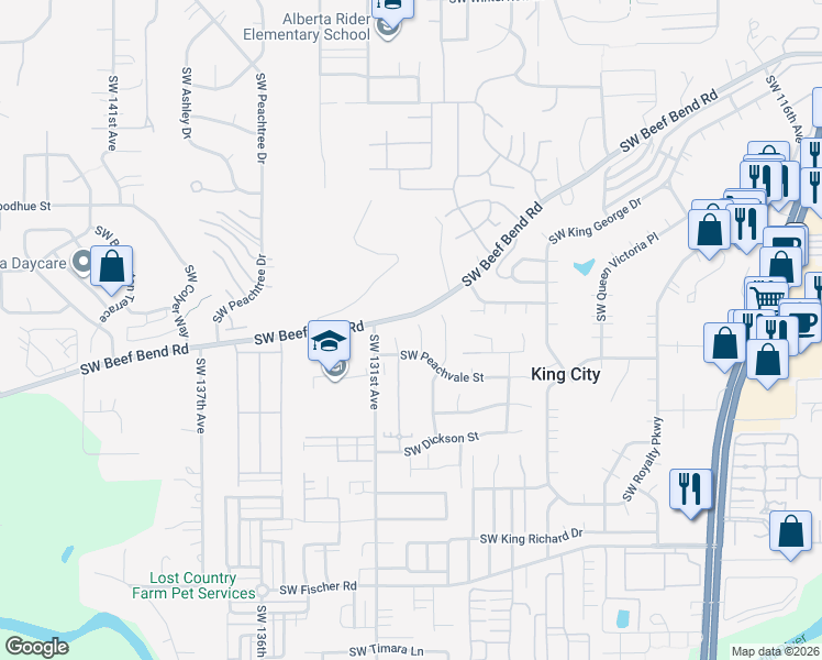 map of restaurants, bars, coffee shops, grocery stores, and more near 16076 Southwest 130th Terrace in Tigard