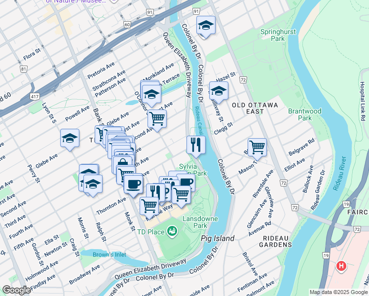 map of restaurants, bars, coffee shops, grocery stores, and more near 370 Queen Elizabeth Driveway in Ottawa