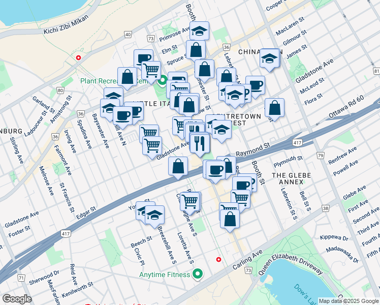 map of restaurants, bars, coffee shops, grocery stores, and more near in Ottawa