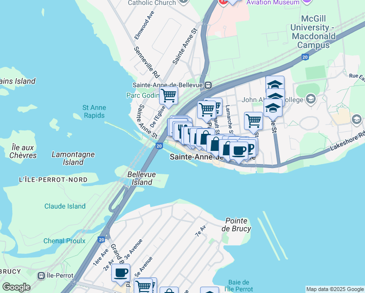 map of restaurants, bars, coffee shops, grocery stores, and more near 132 Rue Sainte Anne in Sainte-Anne-de-Bellevue