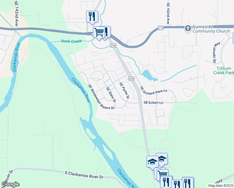 map of restaurants, bars, coffee shops, grocery stores, and more near 15566 Southeast Eckert Lane in Damascus