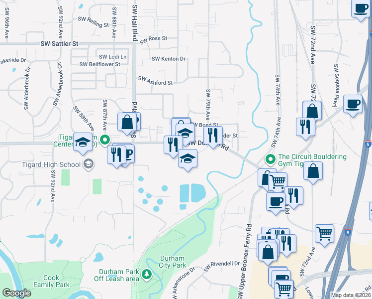 map of restaurants, bars, coffee shops, grocery stores, and more near 8040 Southwest Durham Road in Tigard