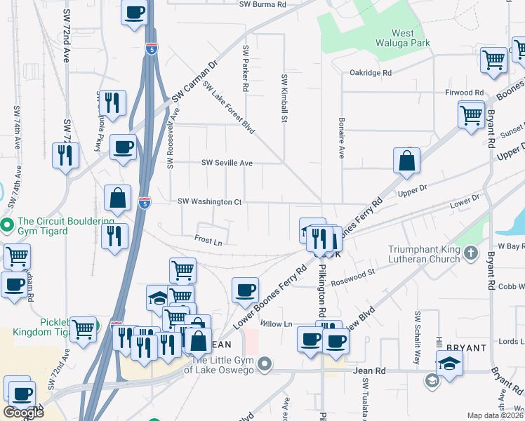 map of restaurants, bars, coffee shops, grocery stores, and more near 16821 Gassner Lane in Lake Oswego