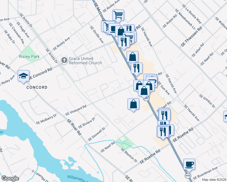 map of restaurants, bars, coffee shops, grocery stores, and more near 3504 Southeast Vineyard Road in Milwaukie
