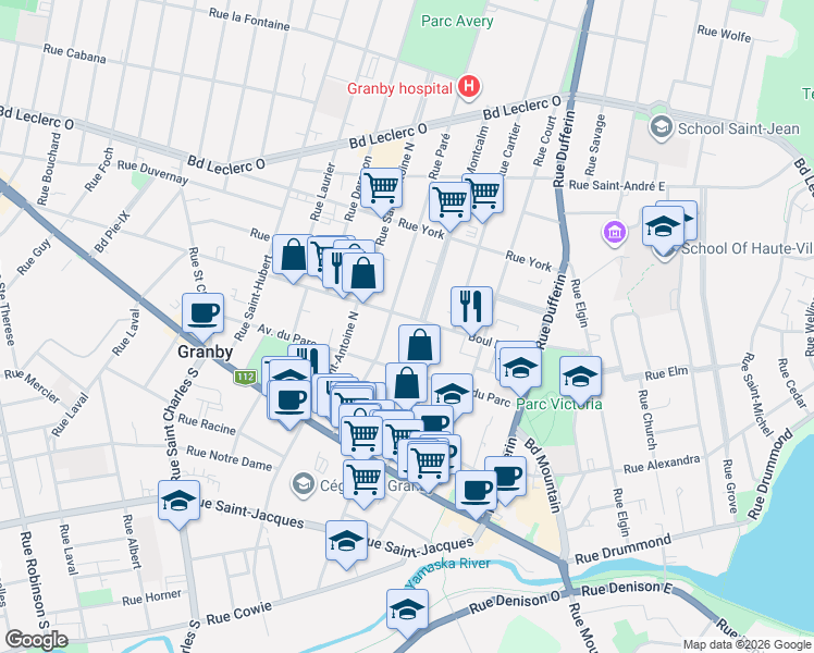 map of restaurants, bars, coffee shops, grocery stores, and more near 246 Rue Boivin in Granby