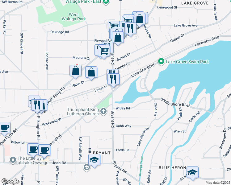 map of restaurants, bars, coffee shops, grocery stores, and more near 4470 Lakeview Boulevard in Lake Oswego