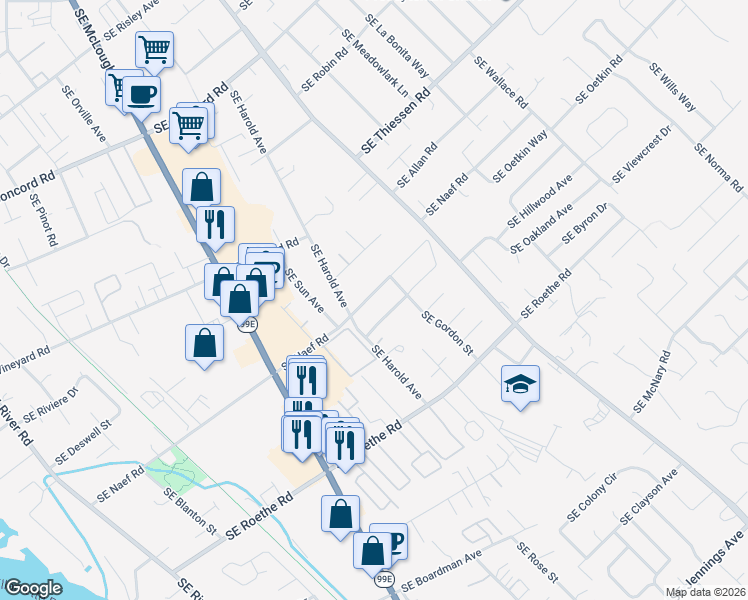 map of restaurants, bars, coffee shops, grocery stores, and more near 4500 Southeast Naef Road in Milwaukie
