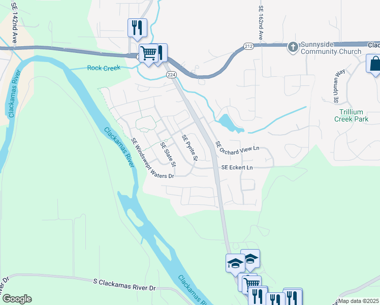 map of restaurants, bars, coffee shops, grocery stores, and more near 15638 Southeast Eckert Lane in Damascus