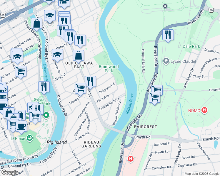 map of restaurants, bars, coffee shops, grocery stores, and more near 30 Belgrave Road in Ottawa