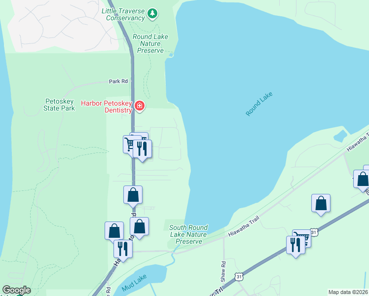 map of restaurants, bars, coffee shops, grocery stores, and more near 3480 Lakeside Drive North in Petoskey