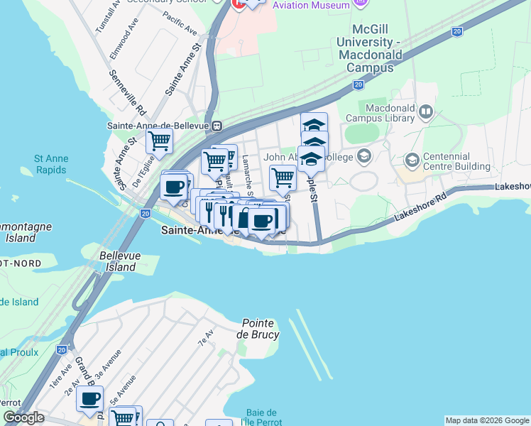 map of restaurants, bars, coffee shops, grocery stores, and more near 14 Montée Sainte Marie in Sainte-Anne-de-Bellevue