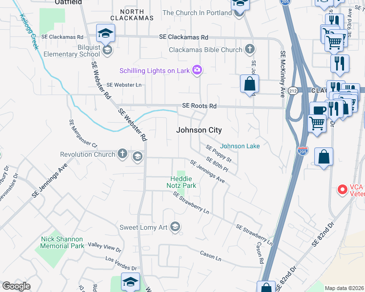 map of restaurants, bars, coffee shops, grocery stores, and more near 7935 Southeast Jennings Avenue in Milwaukie