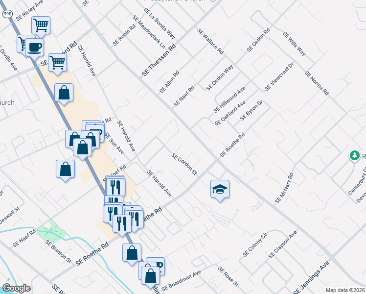 map of restaurants, bars, coffee shops, grocery stores, and more near 16544 Southeast Gordon Court in Milwaukie