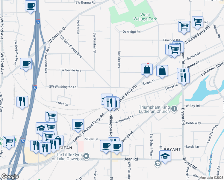 map of restaurants, bars, coffee shops, grocery stores, and more near 16820 Southwest Inverurie Road in Lake Oswego