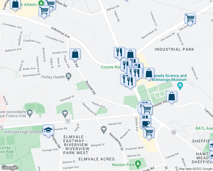map of restaurants, bars, coffee shops, grocery stores, and more near in Ottawa