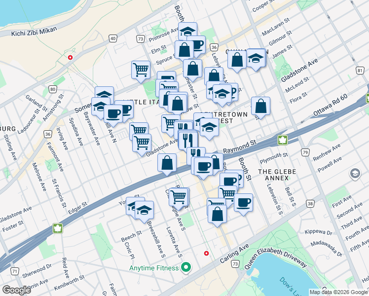 map of restaurants, bars, coffee shops, grocery stores, and more near in Ottawa