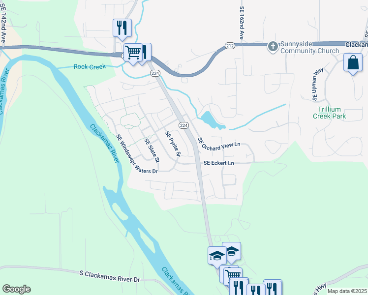 map of restaurants, bars, coffee shops, grocery stores, and more near 16433 Southeast Scoria Lane in Damascus