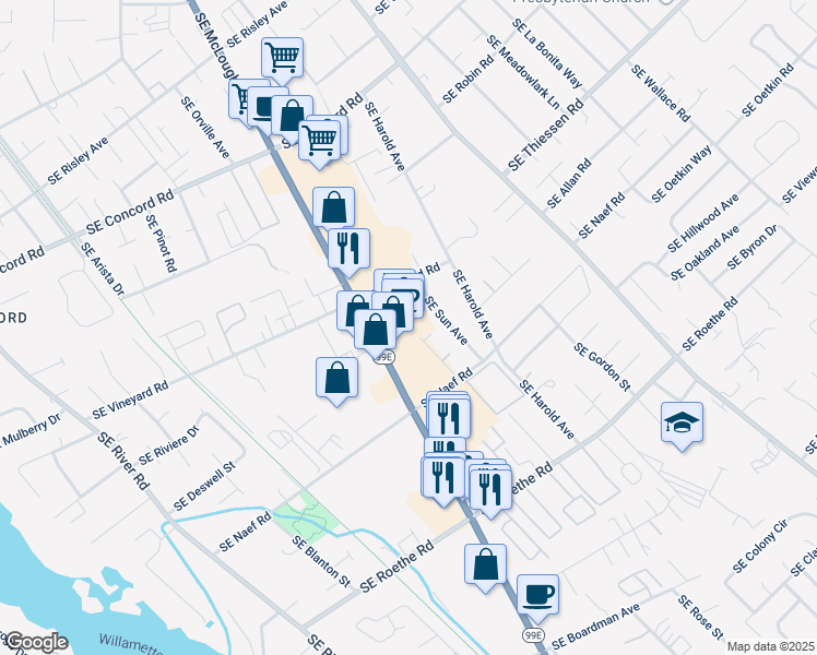 map of restaurants, bars, coffee shops, grocery stores, and more near 16574 Southeast Moon Avenue in Oak Grove