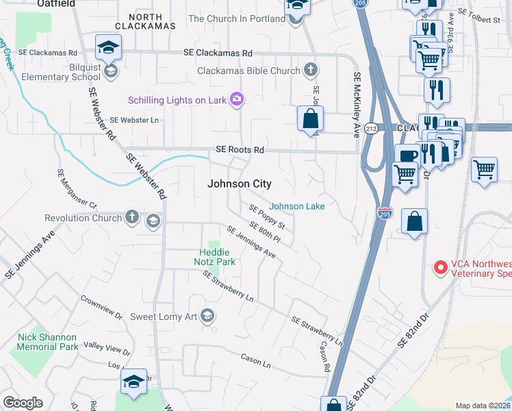 map of restaurants, bars, coffee shops, grocery stores, and more near 8204 Southeast Poppy Street in Milwaukie