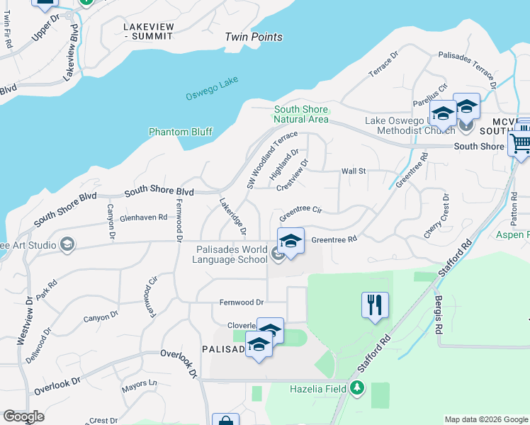 map of restaurants, bars, coffee shops, grocery stores, and more near 16933 Greentree Avenue in Lake Oswego