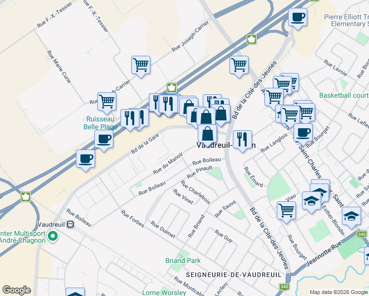 map of restaurants, bars, coffee shops, grocery stores, and more near 2624 Rue du Manoir in Vaudreuil-Dorion