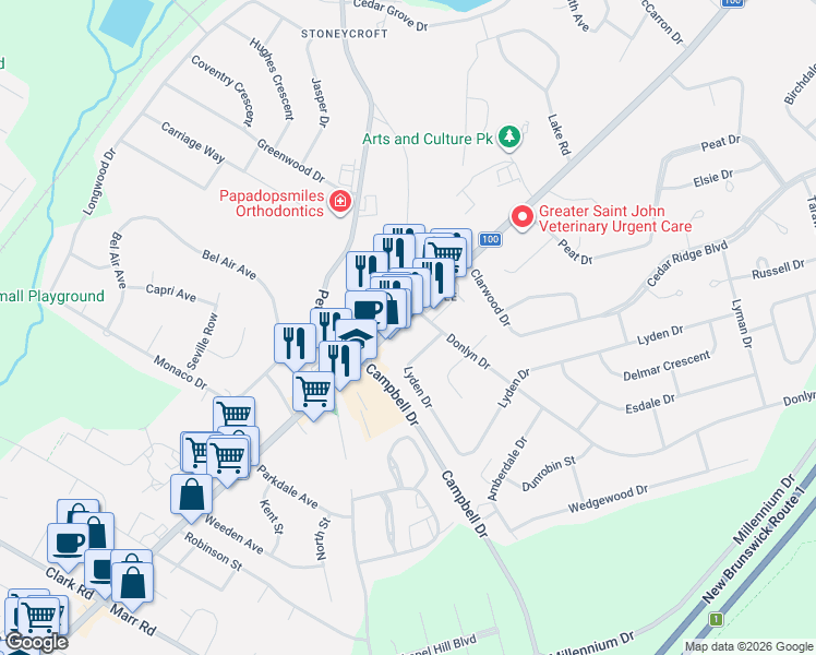 map of restaurants, bars, coffee shops, grocery stores, and more near 174 Hampton Road in Quispamsis