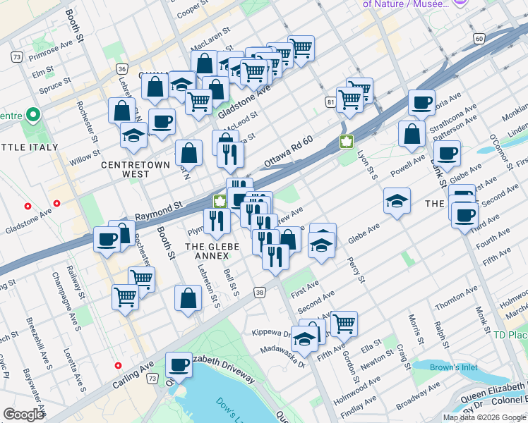 map of restaurants, bars, coffee shops, grocery stores, and more near in Ottawa