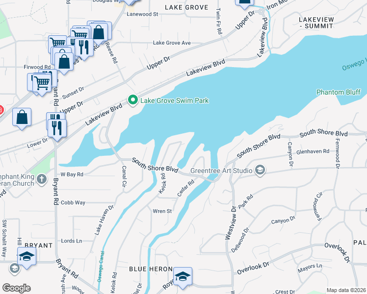 map of restaurants, bars, coffee shops, grocery stores, and more near 16649 Maple Circle in Lake Oswego