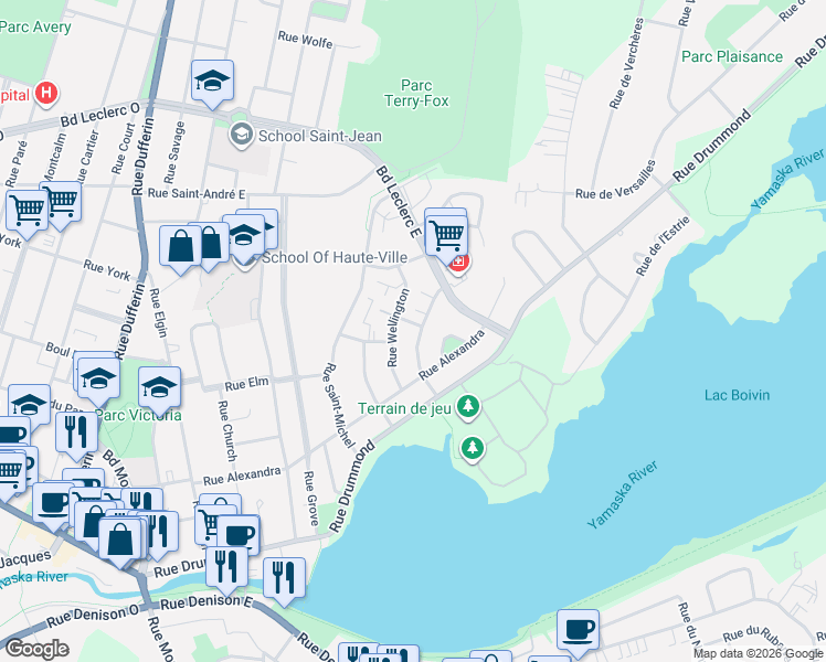 map of restaurants, bars, coffee shops, grocery stores, and more near 76 Rue Swett in Granby