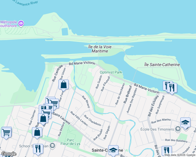 map of restaurants, bars, coffee shops, grocery stores, and more near 102 Rue Guérin in Sainte-Catherine