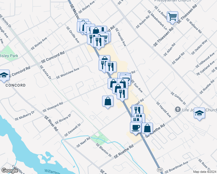 map of restaurants, bars, coffee shops, grocery stores, and more near 3800 Southeast Vineyard Road in Milwaukie