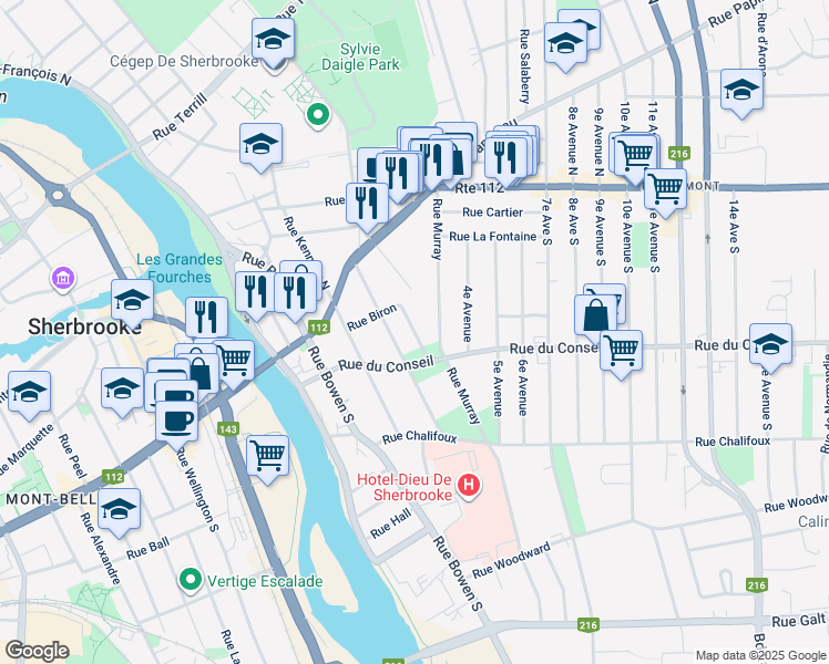 map of restaurants, bars, coffee shops, grocery stores, and more near 3e Avenue in Sherbrooke