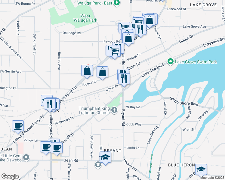 map of restaurants, bars, coffee shops, grocery stores, and more near 4620 Lower Drive in Lake Oswego