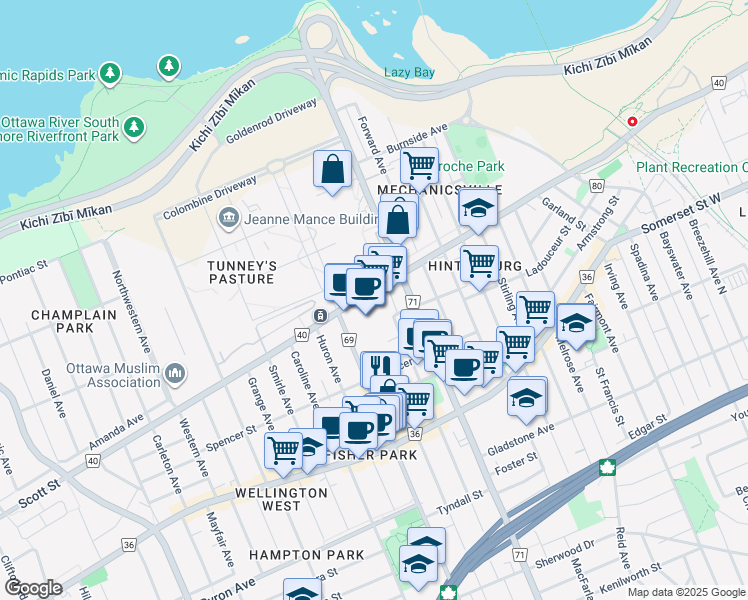 map of restaurants, bars, coffee shops, grocery stores, and more near 1546 Scott Street in Ottawa