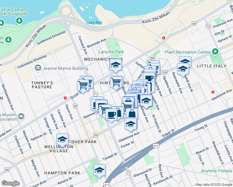 map of restaurants, bars, coffee shops, grocery stores, and more near 226 Carruthers Avenue in Ottawa