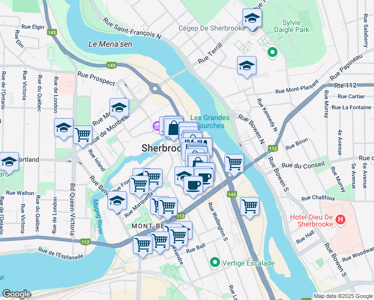 map of restaurants, bars, coffee shops, grocery stores, and more near 178 Wellington Street North in Sherbrooke