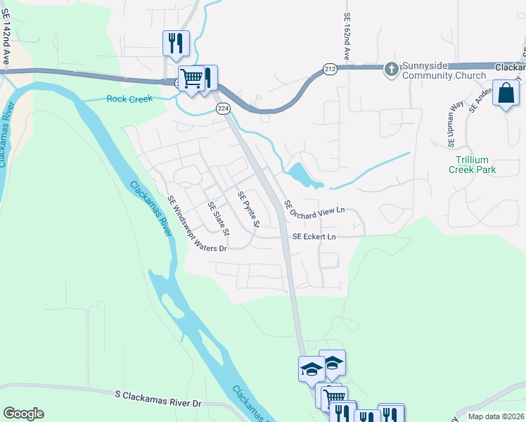 map of restaurants, bars, coffee shops, grocery stores, and more near 16411 Southeast Scoria Lane in Damascus