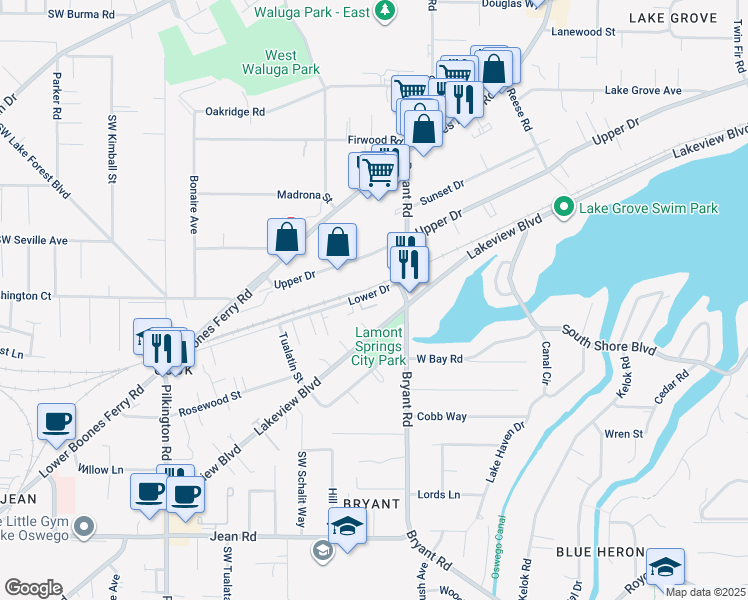 map of restaurants, bars, coffee shops, grocery stores, and more near 4606 Lower Drive in Lake Oswego