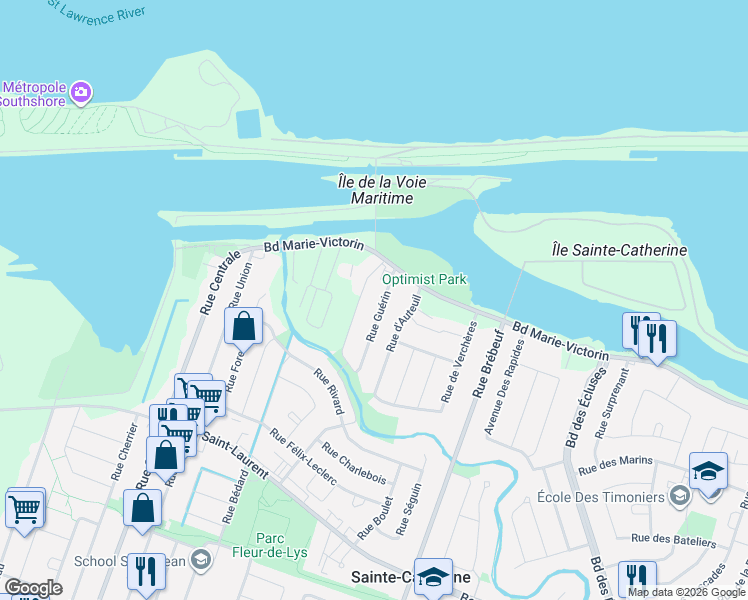 map of restaurants, bars, coffee shops, grocery stores, and more near 102 Rue Guérin in Sainte-Catherine