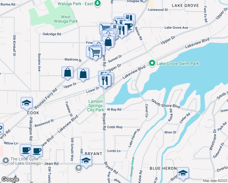 map of restaurants, bars, coffee shops, grocery stores, and more near 4398 Lakeview Boulevard in Lake Oswego