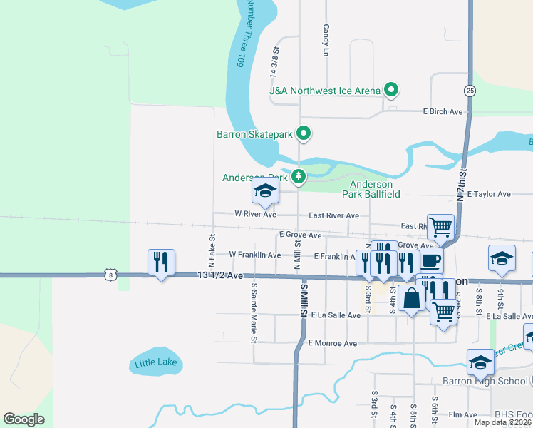map of restaurants, bars, coffee shops, grocery stores, and more near 135 North Park Street in Barron