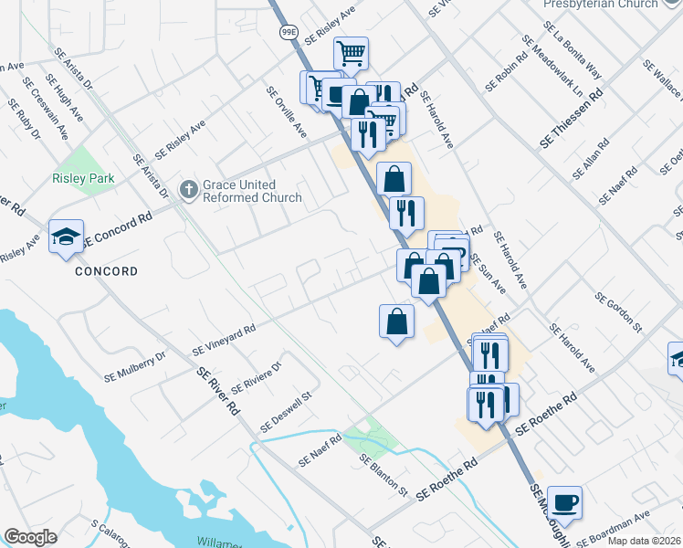 map of restaurants, bars, coffee shops, grocery stores, and more near 3504 Southeast Vineyard Road in Milwaukie