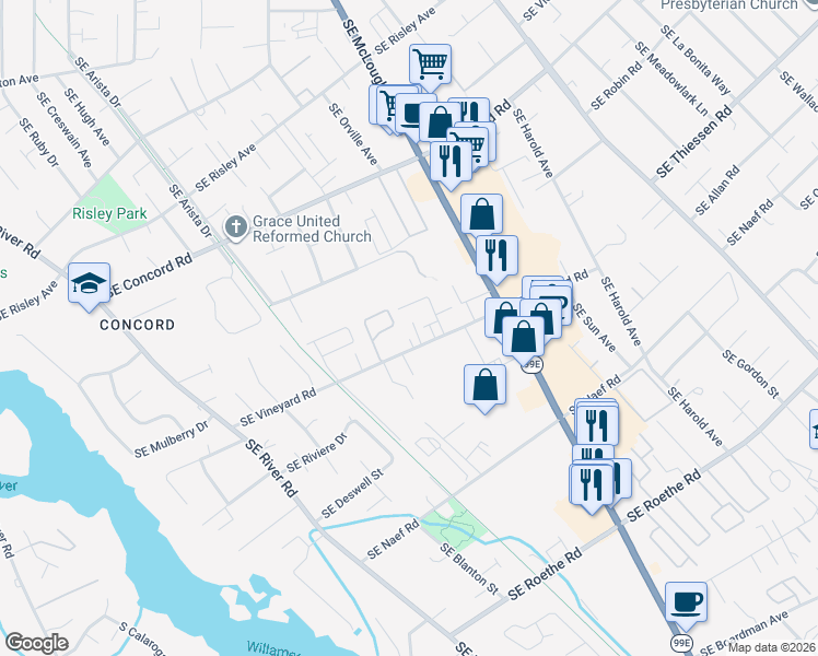 map of restaurants, bars, coffee shops, grocery stores, and more near 3504 Southeast Vineyard Road in Milwaukie