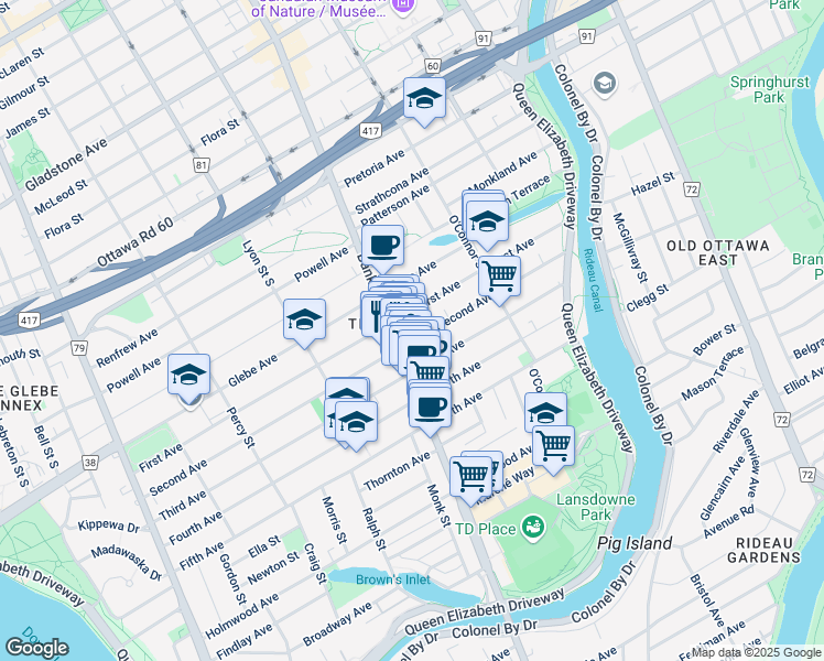 map of restaurants, bars, coffee shops, grocery stores, and more near in Ottawa