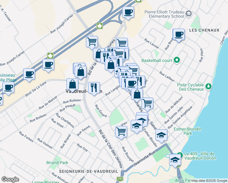 map of restaurants, bars, coffee shops, grocery stores, and more near 168 Rue Langlois in Vaudreuil-Dorion